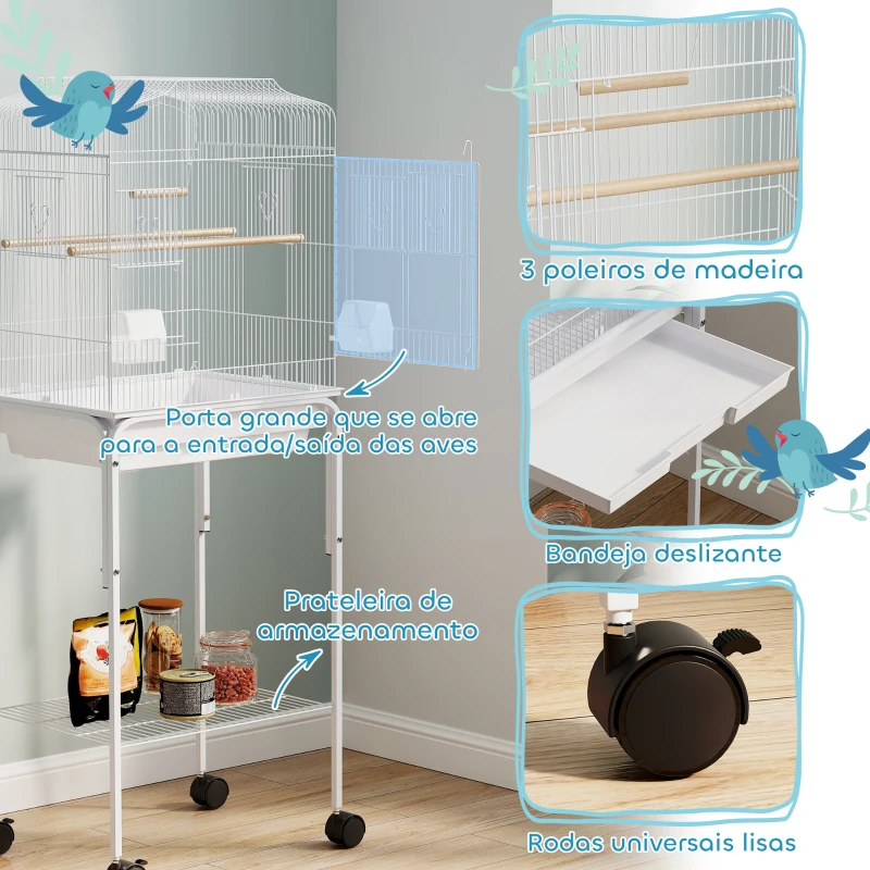 PawHut Gaiola para Pássaros com Rodas Prateleira Portas 2 Comedouros 2 Poleiros Baloiço Bandeja Removível 46,5x36x124 cm Branco