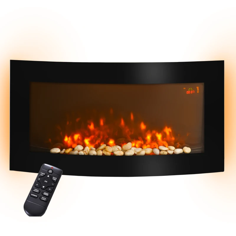 HOMCOM Camino Elettrico a Parete con Luce LED a 7 Colori, Potenza 1000/2000W e Temperatura 15-30°C, Nero