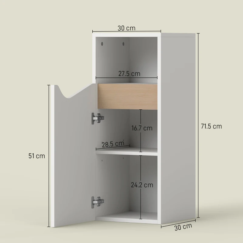 HOMCOM Mobiletto Bagno con Armadietto con Anta Ammortizzata e Vano Aperto, 30x30x71.5 cm, Bianco e Legno