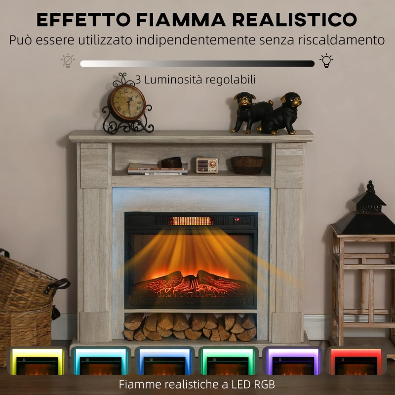 HOMCOM Camino Elettrico 1800W Regolabile con Fiamma 3D, Ripiano, Timer e Telecomando, 105x27x97 cm, color Legno