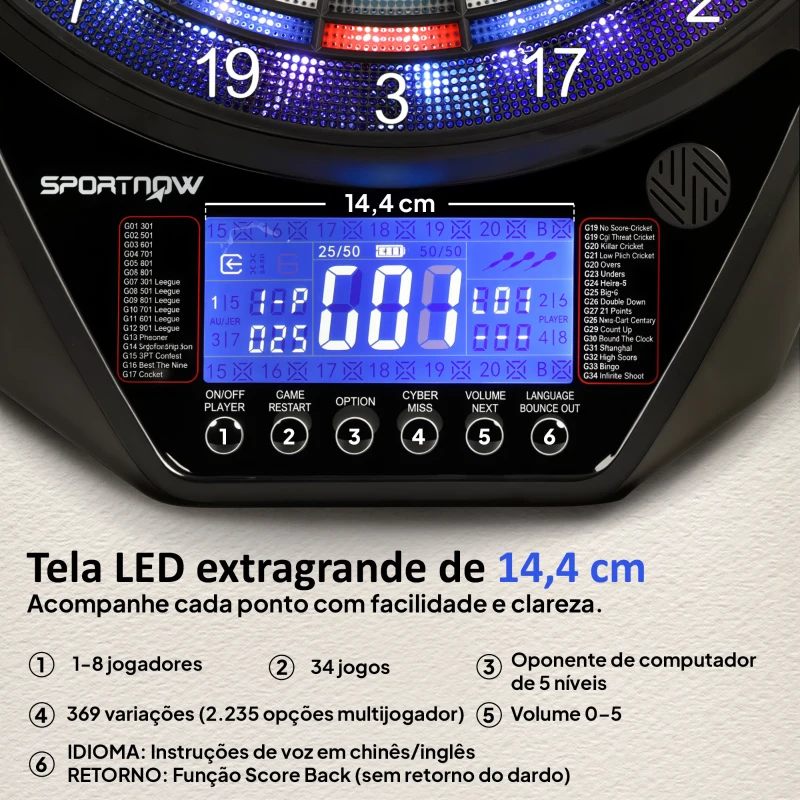 SPORTNOW Alvo Eletrónico com 6 Dardos e 24 Pontas Macias Ecrã LED 34 Jogos e 2235 Programas 60,5x45,5x3,6 cm Multicolor