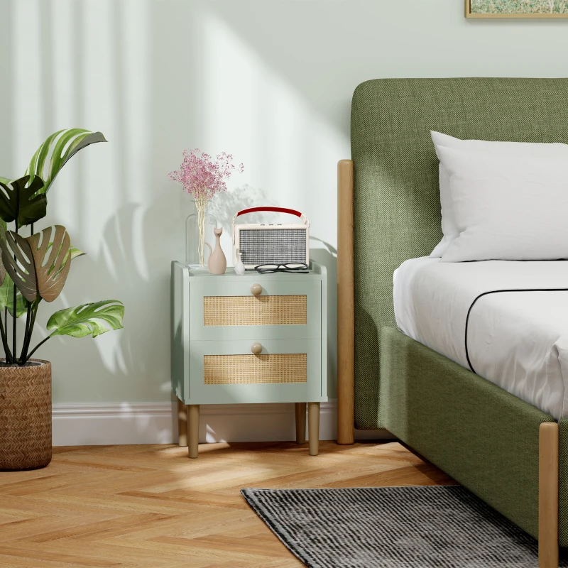 HOMCOM Cômoda de design boêmio em resina trançada com 2 gavetas, móvel de arrumação 39,8 x 30 x 52,5 cm, verde-oliva