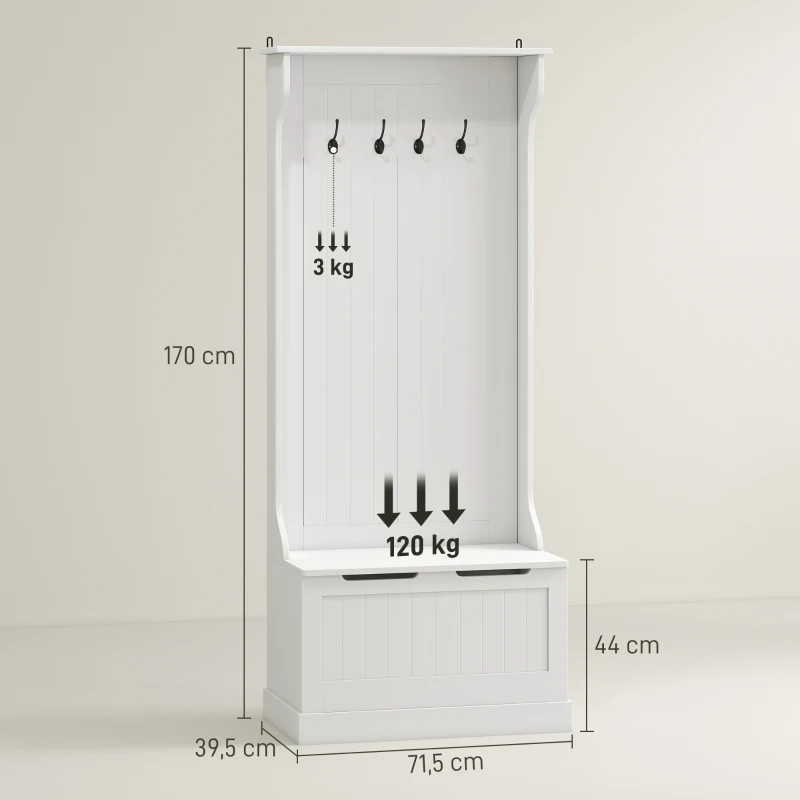 HOMCOM Móvel de entrada 4 em 1, armário de entrada com banco de arrumação e 4 ganchos duplos, 71,5 x 39,5 x 170 cm, branco