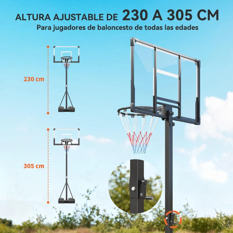 SPORTNOW Canasta de Baloncesto para Exterior Ajustable de 230-305 cm con Tablero Irrompible Base Rellenable y Ruedas Negro