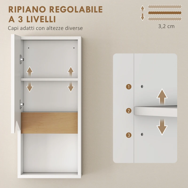 HOMCOM Pensile Bagno con Ripiano Aperto e Armadietto con Scaffale Regolabile, in Legno, 30x17x67 cm, Bianco e color Legno