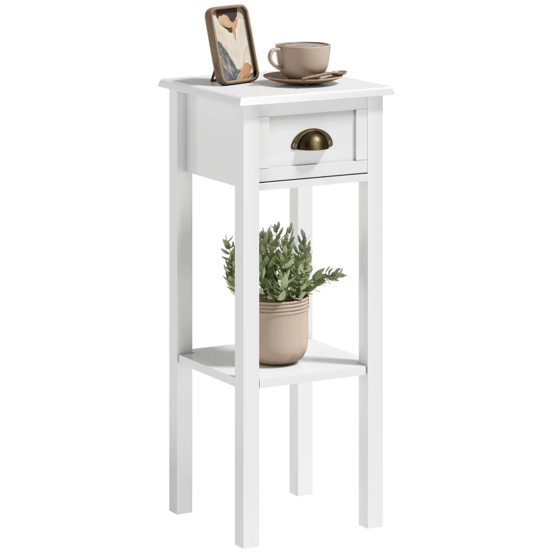 HOMCOM Mesa Auxiliar Moderno, Mesa Auxiliar para Sofá, con Cajón y Estante, Mesita de Noche para Salón, Dormitorio, 30x30x75 cm, Blanco