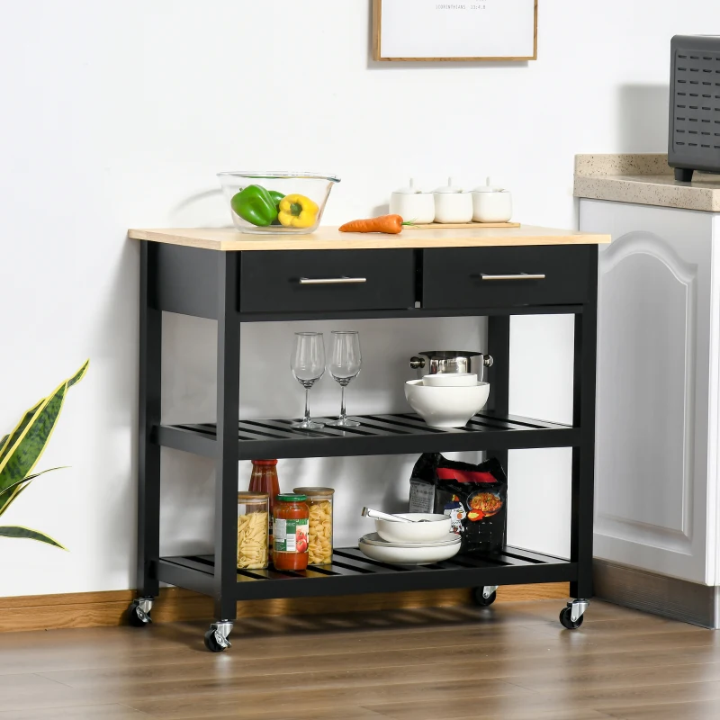 HOMCOM Carrinho de serviço para cozinha com rodas 2 prateleiras 2 gavetas preto madeira natural