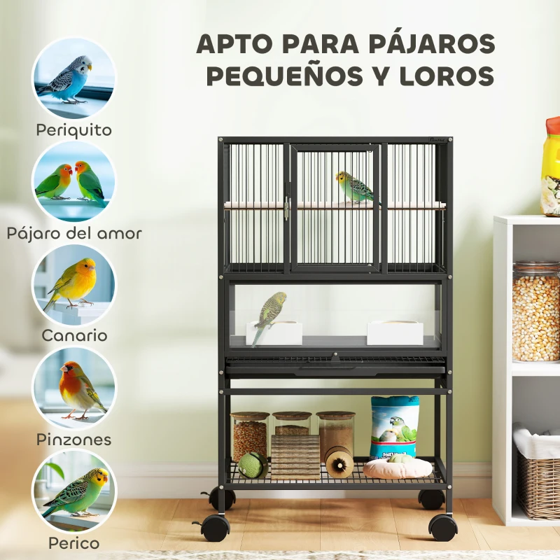 PawHut Jaula para Pájaros con Paneles Acrílicos Comederos Soporte Ruedas y Estante Inferior 48x46x83 cm Negro