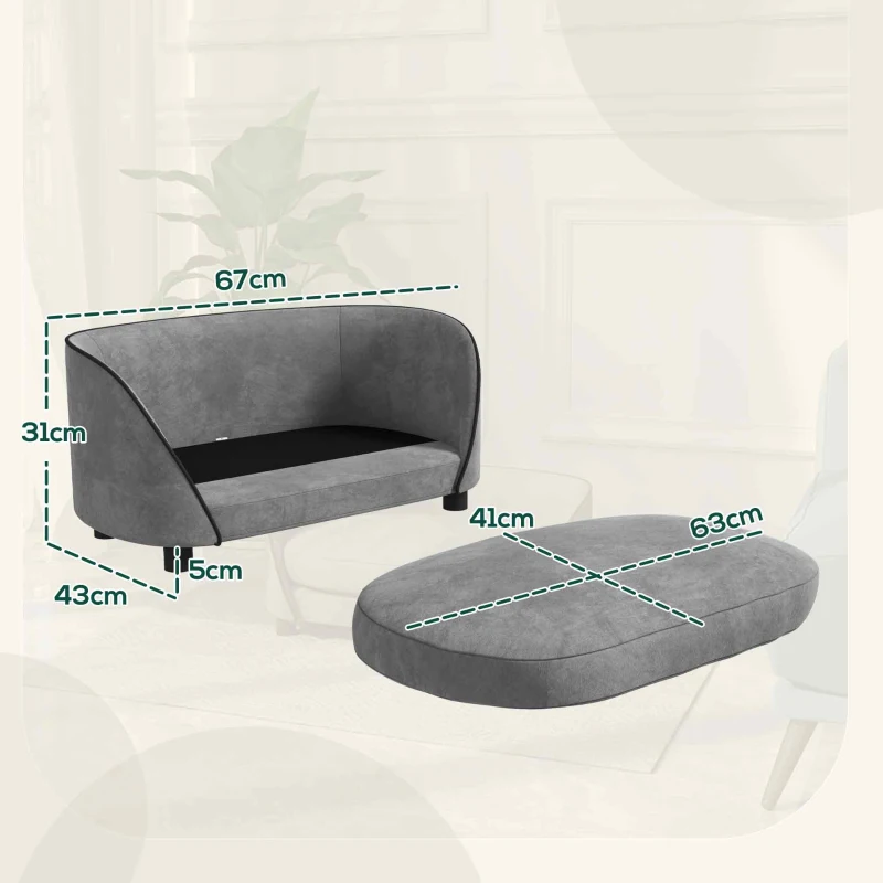 PawHut Sofá para cão com almofada macia capa removível e lavável revestimento em veludo neerlandês cinza