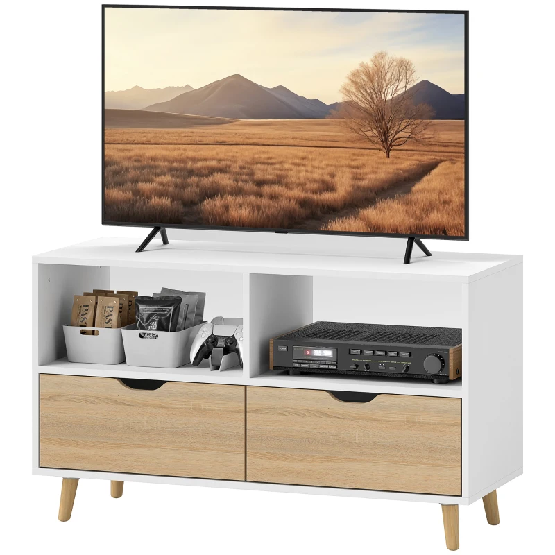 HOMCOM Móvel para TV, Cômoda para TV com Gavetas, Prateleiras Abertas, Madeira, 99 x 39 x 58 cm, Branco