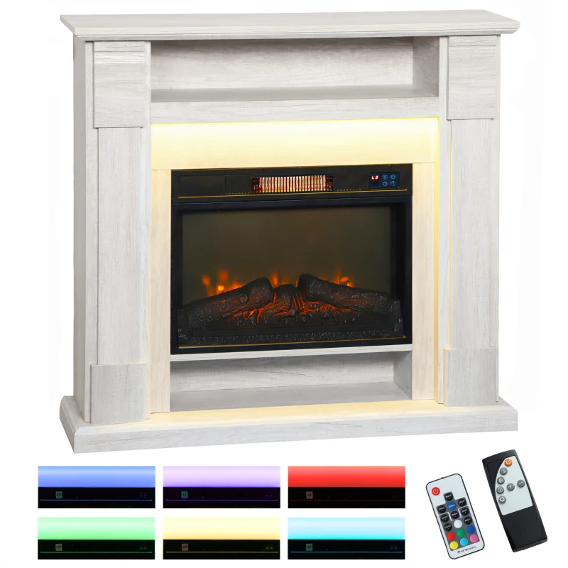 HOMCOM Camino Elettrico 1800W Regolabile con Fiamma 3D, Ripiano, Timer e Telecomando, 105x27x97 cm, color Legno