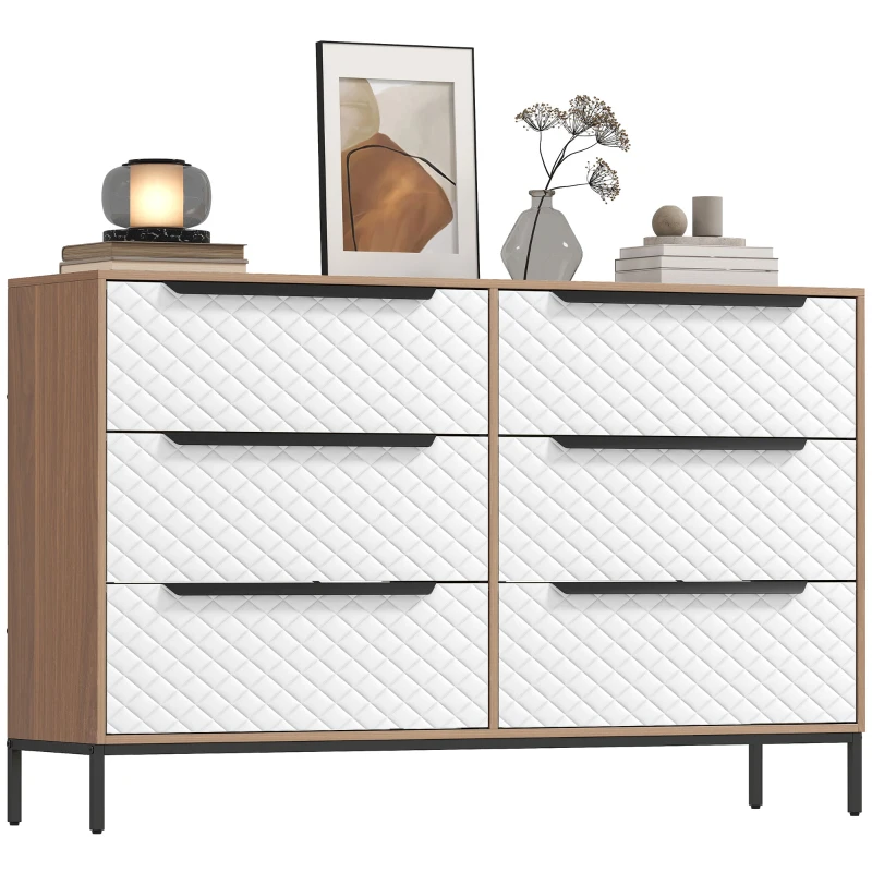 HOMCOM Cómoda com 6 Gavetas de Tecido Frentes com Padrão de Diamante Móvel de Arrumação 117,5x30x73,5 cm Madeira e Branco