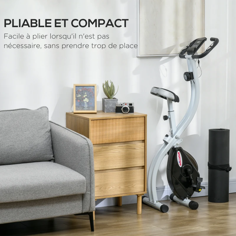 SPORTNOW Bicicleta de interior dobrável, bicicleta fitness, 8 níveis de resistência magnética, selim ajustável, ecrã LCD, aço branco