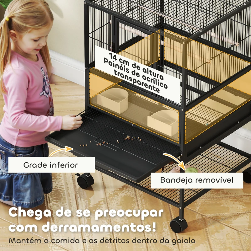 PawHut Gaiola para Pássaros com Rodas Painéis Acrílicos Comedouros Poleiros Prateleira Bandeja Amovível 48x46x83 cm Preto