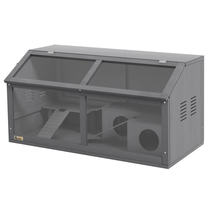 PawHut Gaiola para hamster, gaiola para pequenos animais de madeira, ponte suspensa, escadas, casinha, 84 x 45 x 44 cm, para hamsters-anões, Cinza