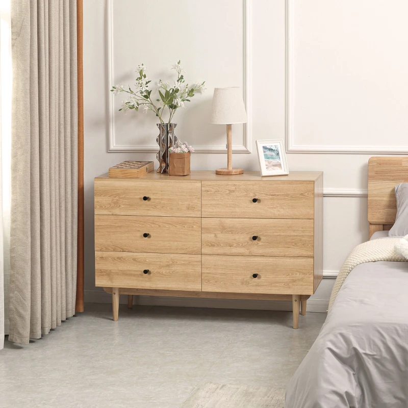 HOMCOM Cômoda 6 gavetas móvel de arrumação pés em madeira maciça 120 x 40 x 80 cm cor madeira