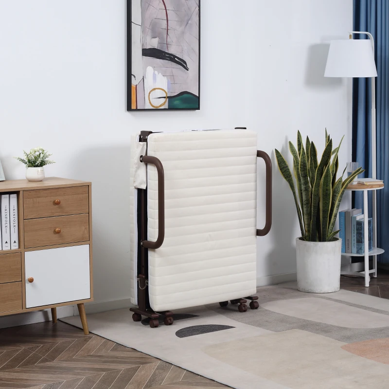 HOMCOM Folding Bed with Mattress, Single Guest Bed, Portable Fold Bed with Adjustable Backrest, Metal Frame on Wheels, White, 190 x 76 cm