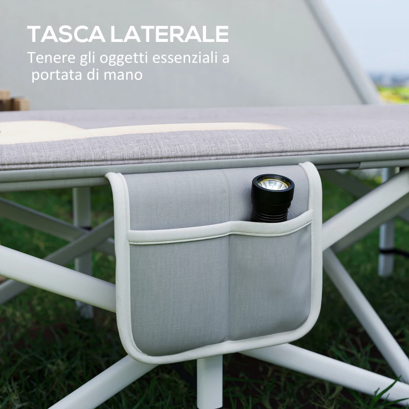 Outsunny Brandina per Campeggio con Poggiatesta e Tasca, in Acciaio e tessuto Oxford, 185x65x37 cm, Grigio