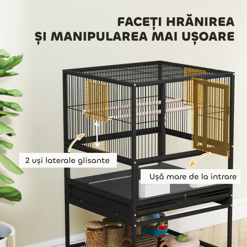 PawHut Cușcă pentru Păsări cu Roți cu Raft Inferior, Tavă și Grilă Negru
