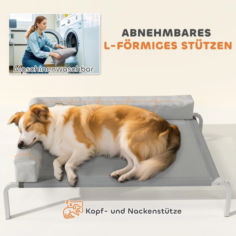 PawHut Hundeliege Outdoor, Erhöhtes Hundebett für Mittelgroße Hunde, mit L-förmige Kissen 110x75x30cm, Hellgrau