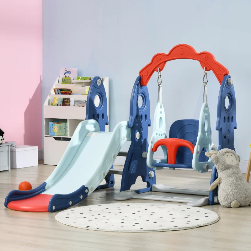 AIYAPLAY Ensemble toboggan et balançoire pour enfants 3 en 1 avec panier de basket, 155L x 136l x 114H cm bleu