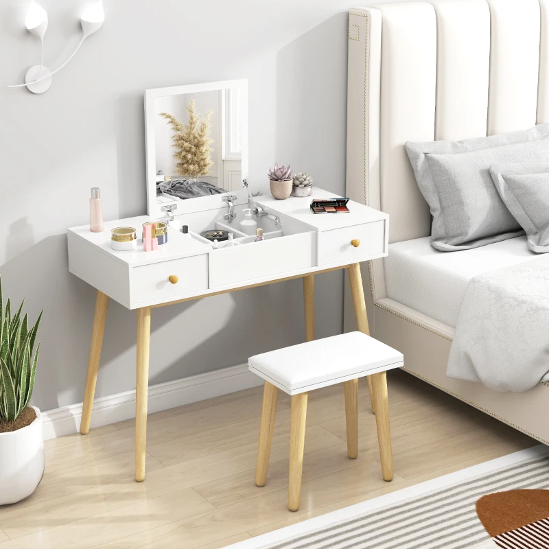 HOMCOM Conjunto de penteadeira com banqueta espelho rebatível estilo escandinavo 2 gavetas 100 x 45 x 118 cm, branco