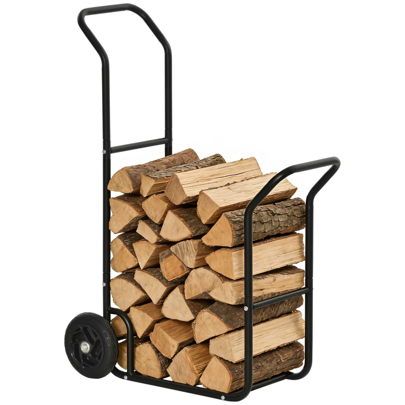 Outsunny Carrello Portalegna in Acciaio con 2 Ruote per Interno ed Esterno, 77x42x105 cm, Nero