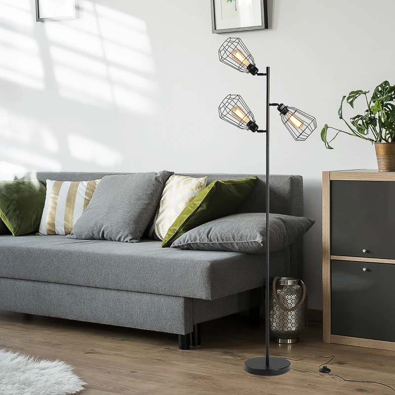 HOMCOM Candeeiro de pé design industrial 3 lâmpadas máx. 40 W cúpulas em gaiola metal preto