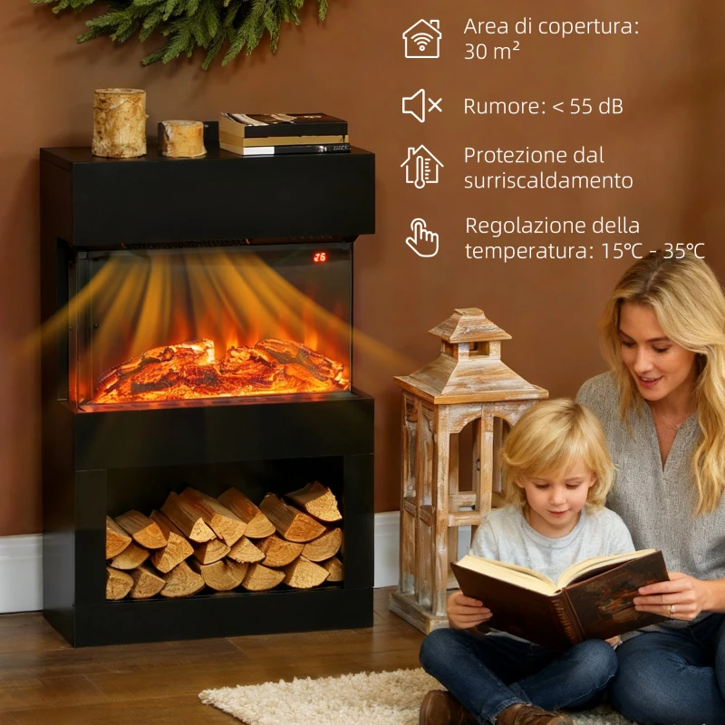 HOMCOM Camino Elettrico con Effetto Fiamma 3D Colorata, 1000W/2000W con Temperatura Regolabile e Telecomando, Nero