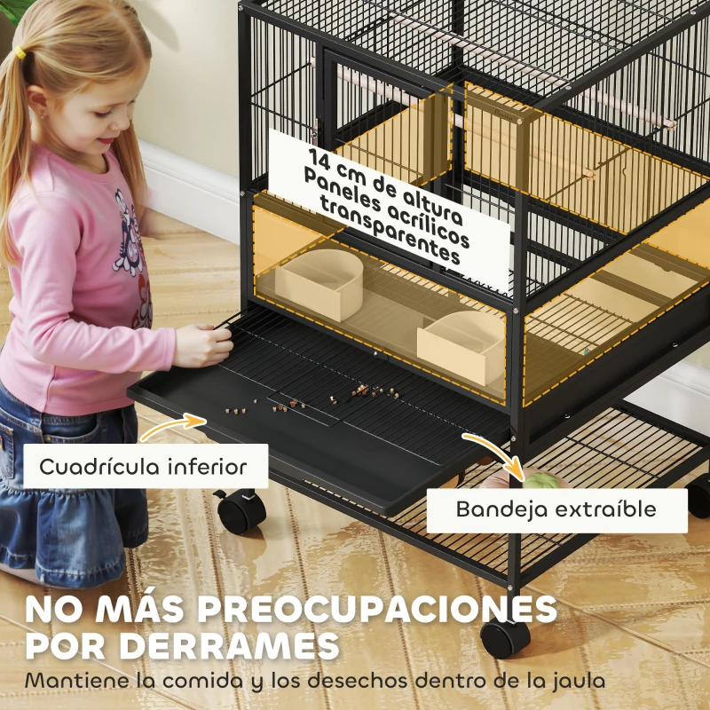 PawHut Jaula para Pájaros con Paneles Acrílicos Comederos Soporte Ruedas y Estante Inferior 48x46x83 cm Negro