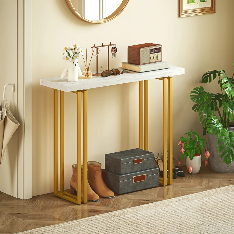 HOMCOM Mesa consola, mesa de entrada, com tampo imitação mármore, estrutura em aço, 100 x 30 x 78,5 cm, branco e dourado