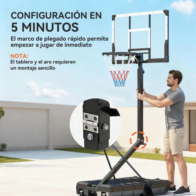 SPORTNOW Canasta de Baloncesto para Exterior Ajustable de 230-305 cm con Tablero Irrompible Base Rellenable y Ruedas Negro