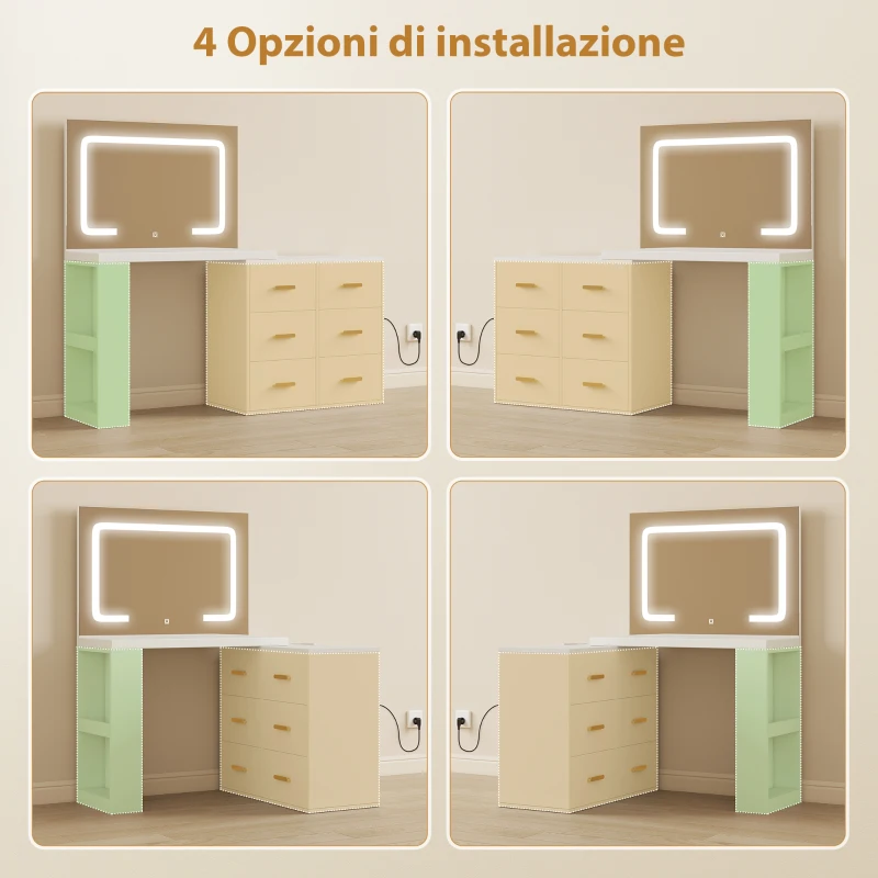 HOMCOM Toeletta da Camera con Specchio e Luci LED Regolabili, 6 Cassetti, 2 Ripiani e Prese Elettriche, Bianco