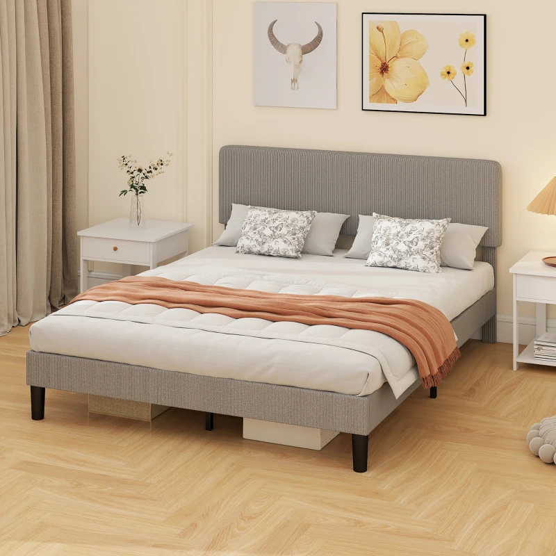 HOMCOM Estrutura de cama 160 x 200 cm, somier com ripas em madeira, cabeceira regulável, cama de casal estofada em veludo cotelê, cinza