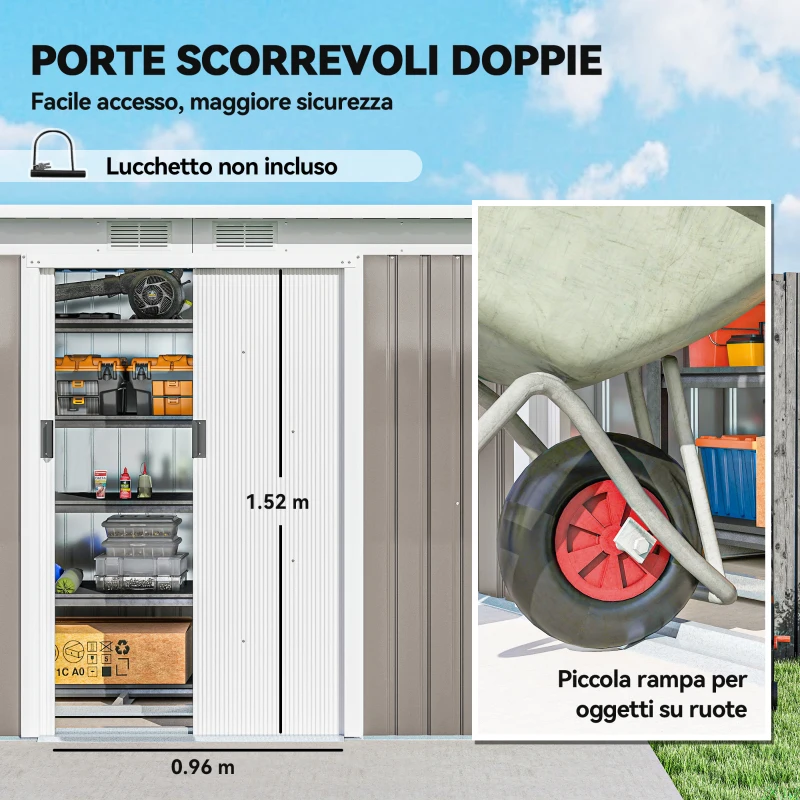 Outsunny Ripostiglio da Giardino in Acciaio con 2 Prese d'Aria e 2 Porte Scorrevoli, 280x130x172 cm, Grigio Chiaro