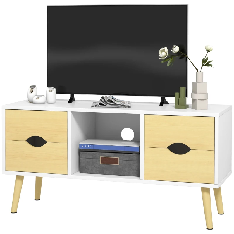 HOMCOM Móvel para TV até 101,6 cm pés em madeira maciça 4 gavetas 1 nicho central 90 x 30 x 46 cm natural branco
