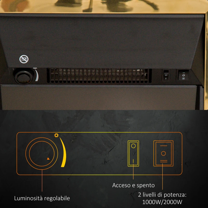 HOMCOM Camino Elettrico da Terra 1000/2000 W Effetto Fiamma LED, Caminetto Elettrico con Protezione da Surriscaldamento e Ribaltamento, Riscaldamento Regolabile, Oro