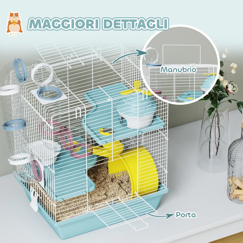 PawHut Gabbia per Criceti a 3 Livelli e 12 Tubi con Casetta, Rampa, e Accessori, in Metallo e Plastica, 34.5x27.5x41 cm, Grigio