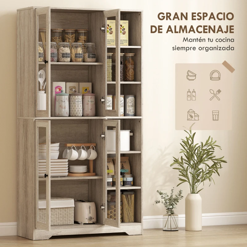 HOMCOM Alacena de Cocina con Vitrinas con 4 Puertas Cierre Suave y Estantes Ajustables, 90x35x172 cm Gris Claro