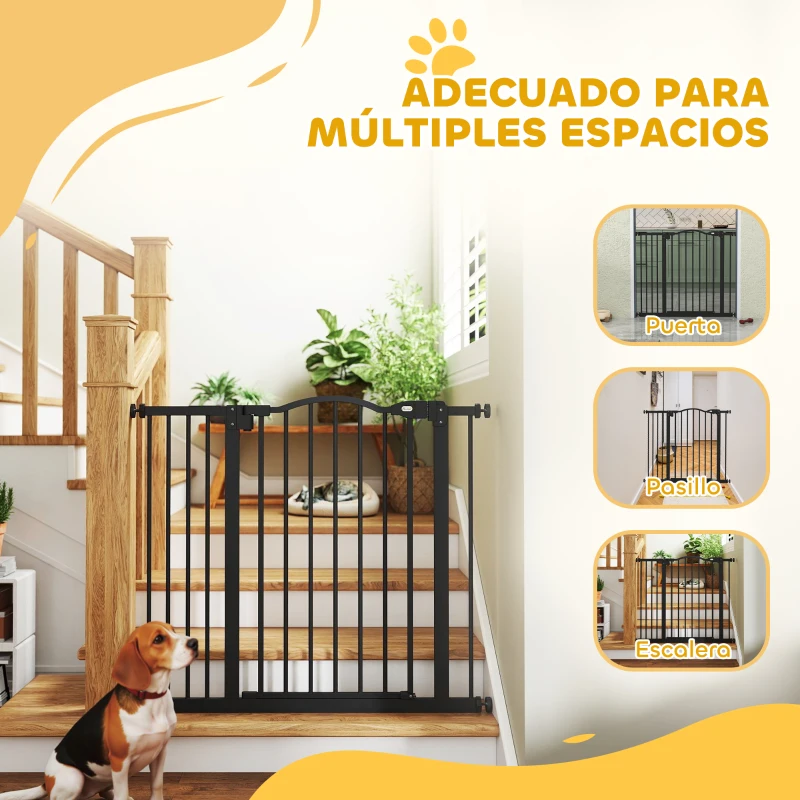PawHut Barrera de Seguridad para Perros 74-94 cm con Extensión Montaje a Presión Doble Bloqueo para Puerta Escalera Negro