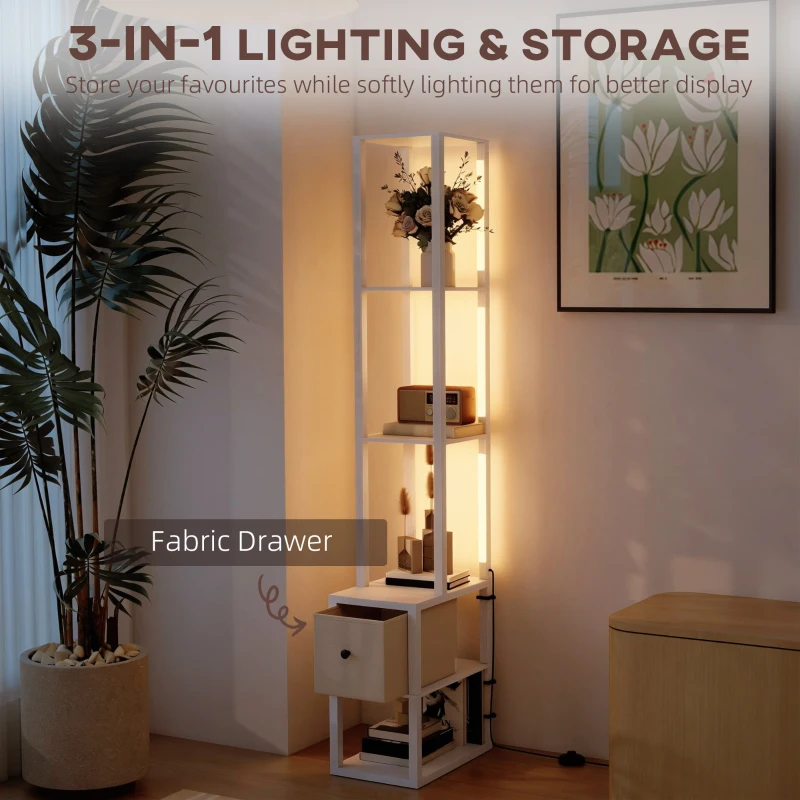 HOMCOM Floor Lamp with Shelves, LED Column Modern Standing Lamp with Fabric Drawer, Adjustable Brightness, Foot Switch for Living Room, Bedroom, Office, White