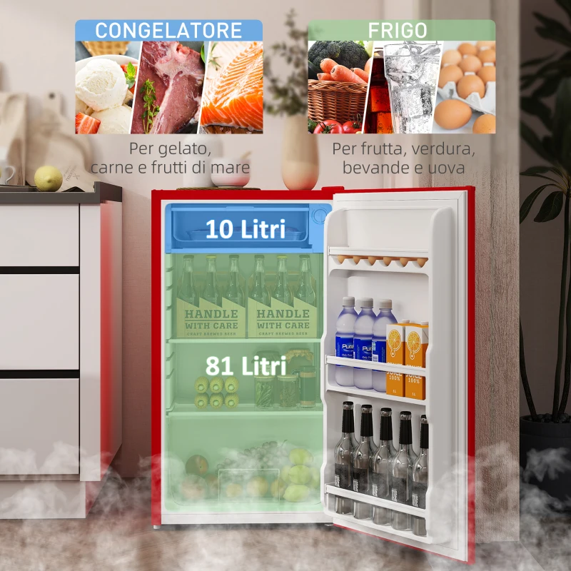 HOMCOM Frigorifero Piccolo 91L MonoPorta Reversibile con Congelatore e Temperatura Regolabile, Rosso