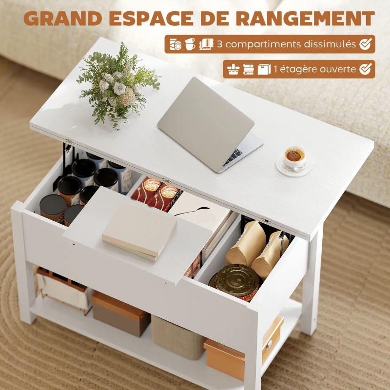 HOMCOM Table basse relevable et extensible table de salon avec compartiment caché étagère ouverte 100x45x50,5cm blanc(m-5)