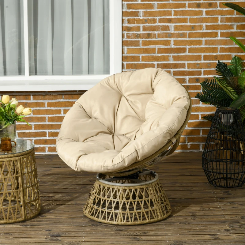 Outsunny Fauteuil papasan en rotin, fauteuil pivotant à 360° avec coussin rembourré, 85 x 70 x 82 cm, kaki