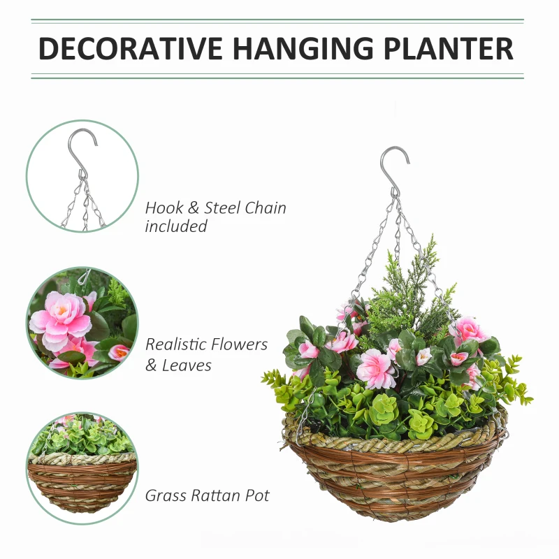 Outsunny 2 Pieces Artificial Hanging Plants in Baskets, Faux Lisianthus Flowers for Indoor Outdoor Decoration