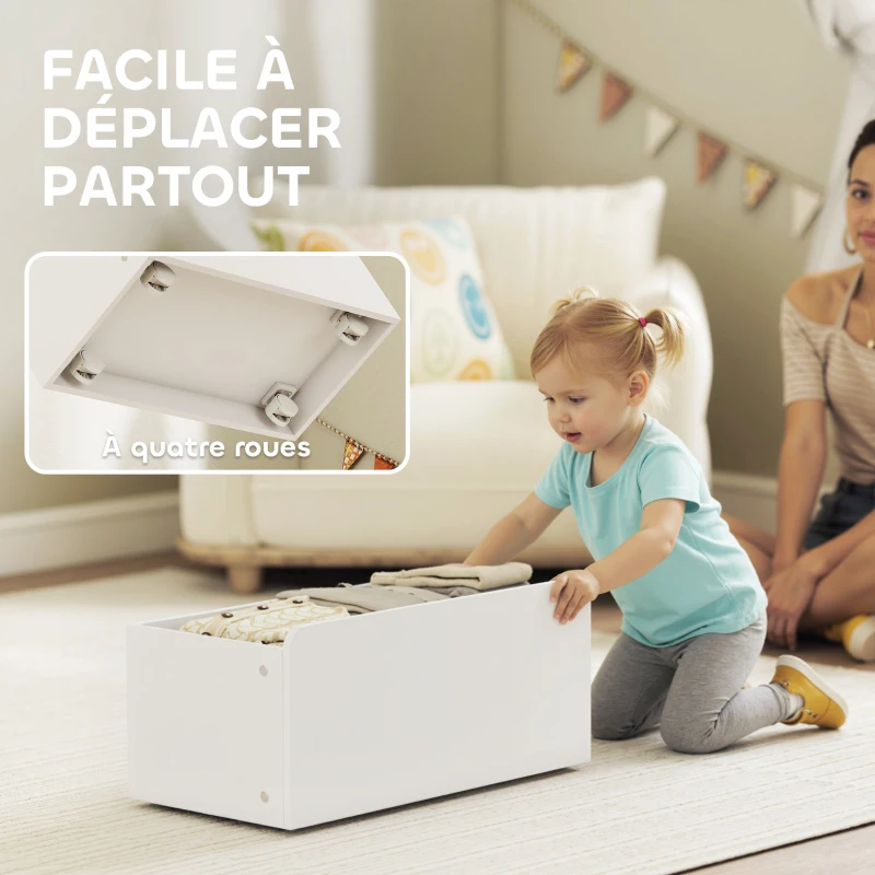 AIYAPLAY Meuble rangement enfant rangement jouet enfant 6 bacs amovibles et grand coffre à roulettes 100 x 30 x 80 cm blanc