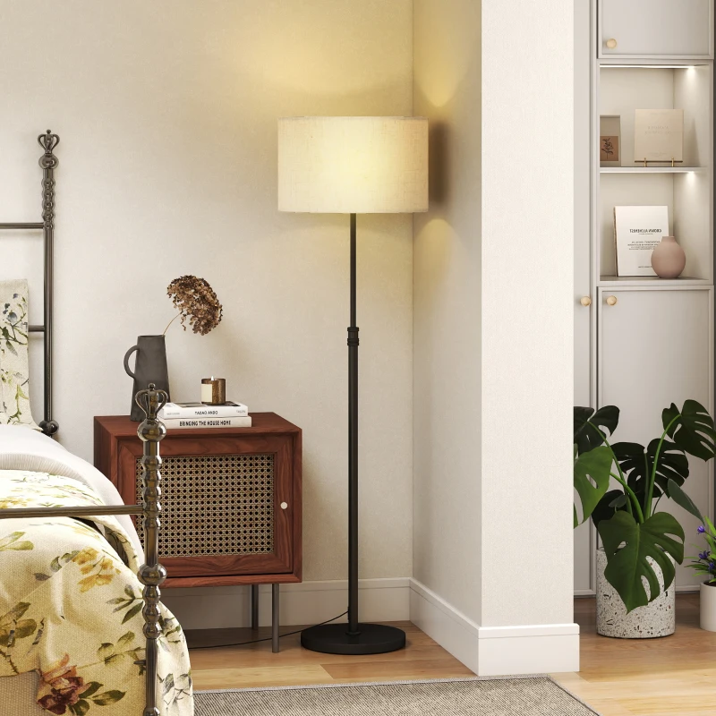 HOMCOM Floor Lamp with Remote, Height Adjustable Standing Lamp with Linen Shade, Dimmable with 3000K-6000K Adjustable Colour Temperatures, Foot Switch for Living Room Bedroom Office, Black
