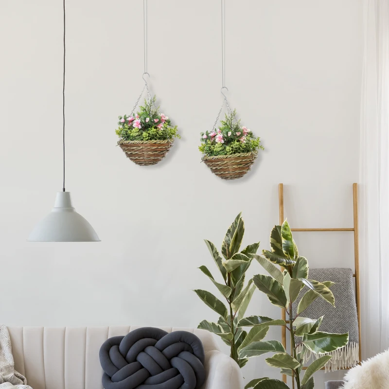 Outsunny 2 Pieces Artificial Hanging Plants in Baskets, Faux Lisianthus Flowers for Indoor Outdoor Decoration