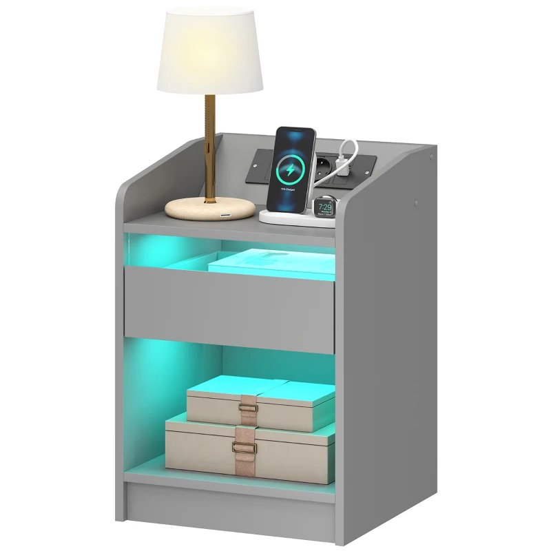 HOMCOM Mesa de Cabeceira com Luzes LED Gaveta Prateleira Estação de Carregamento Entrada USB e Controlo Remoto 40x40x58 cm Cinzento