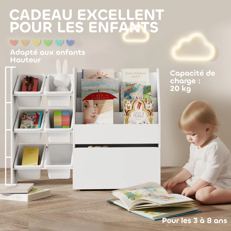 AIYAPLAY Meuble rangement enfant rangement jouet enfant 6 bacs amovibles et grand coffre à roulettes 100 x 30 x 80 cm blanc